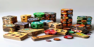 打屁股游戏道具评测桌面展示，多款骰子与扑克牌对比测评，复古木质背景